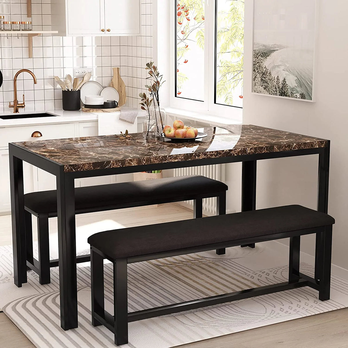 Faux Marble Dining Table and 2 PU Leather Upholstered Bench Z94348