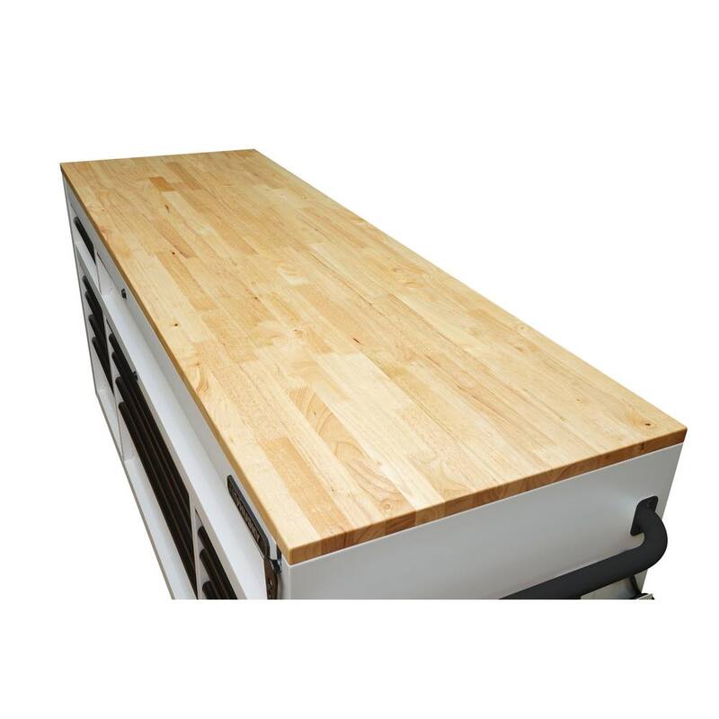 72 in. Heavy Duty Matte White Mobile Workbench Cabinet with Wood Top E5438