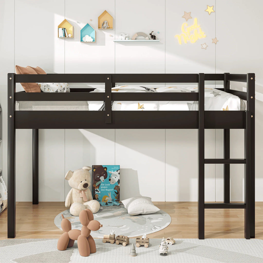 White Twin Size Solid Wood Loft Bed with 14 Wooden Slats I34135