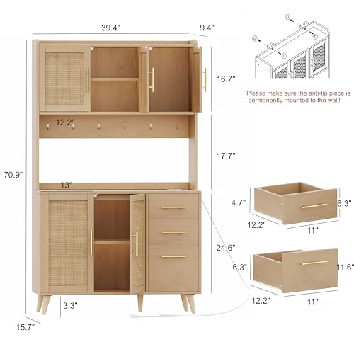 70.9" Rattan Kitchen Pantry Cabinet with Microwave Shelf P315