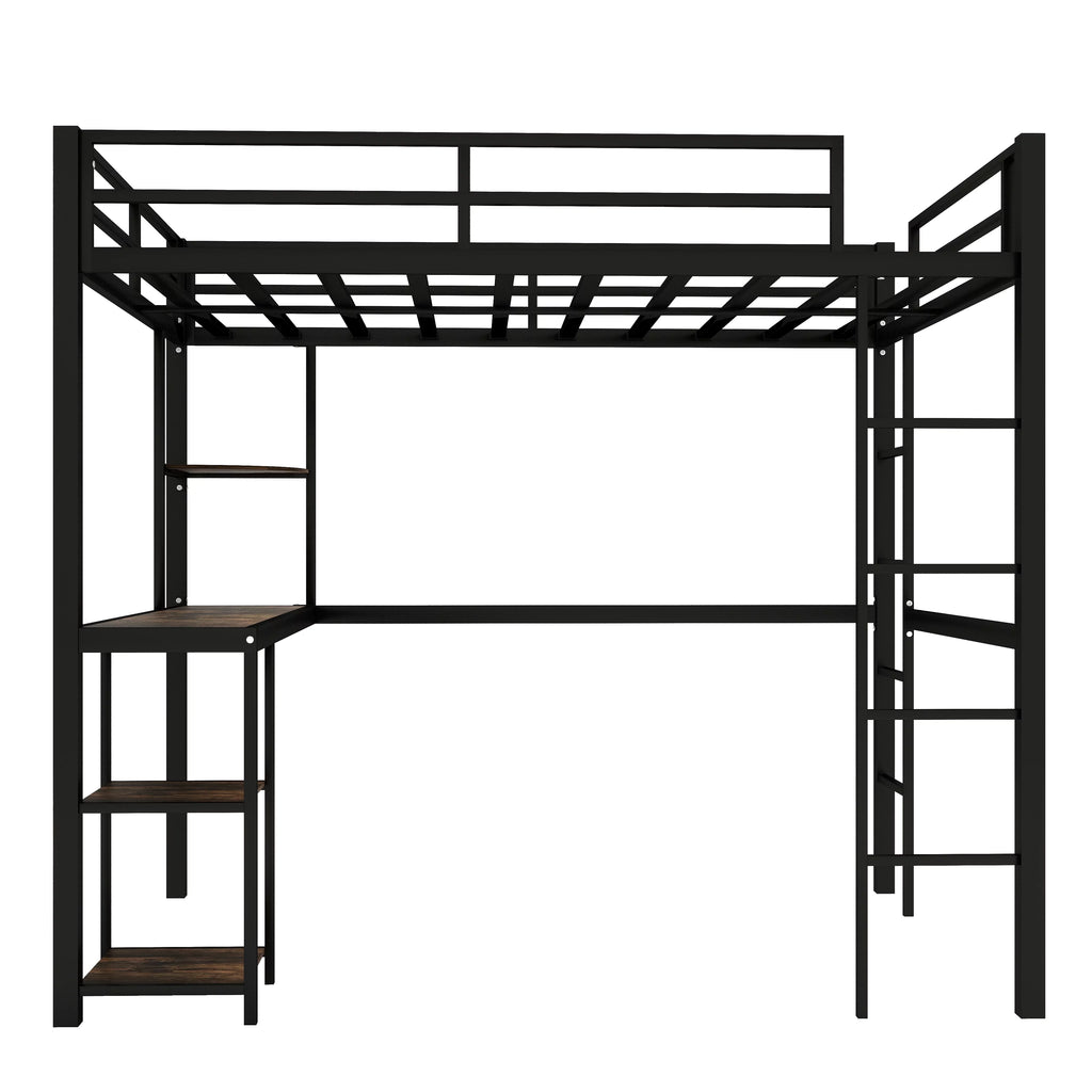 Full Size Black Metal Loft Bed with Desk and Shelves A60366