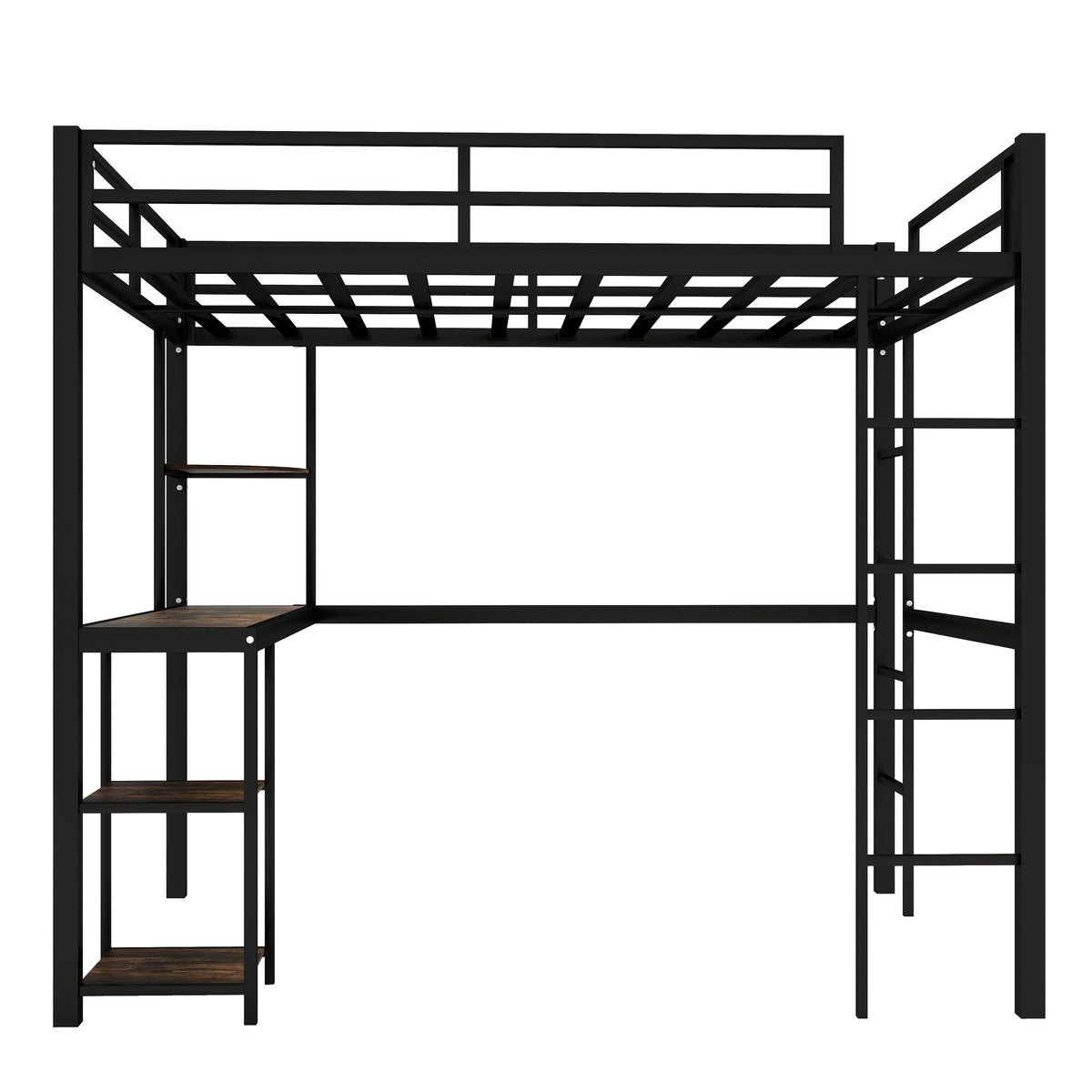 Full Size Black Metal Loft Bed with Desk and Shelves A60366