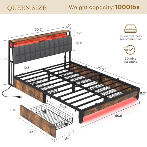 Queen Size Upholstered Platform Bed Frame with 4 Drawers and Storage Headboard G206875