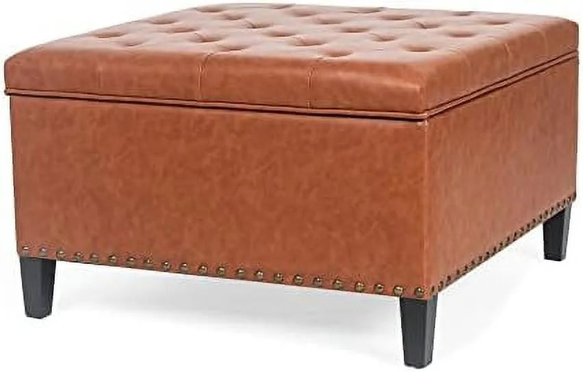 Orange Upholstered Tufted Ottoman Bench with Wood Legs P6068