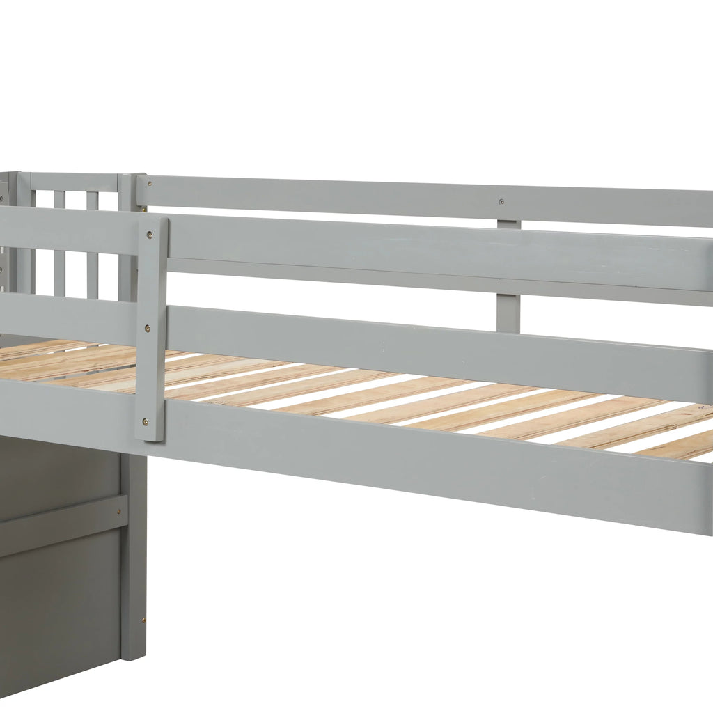 Gray Wood Low Loft Bed Frame with Storage and Stairs U876382