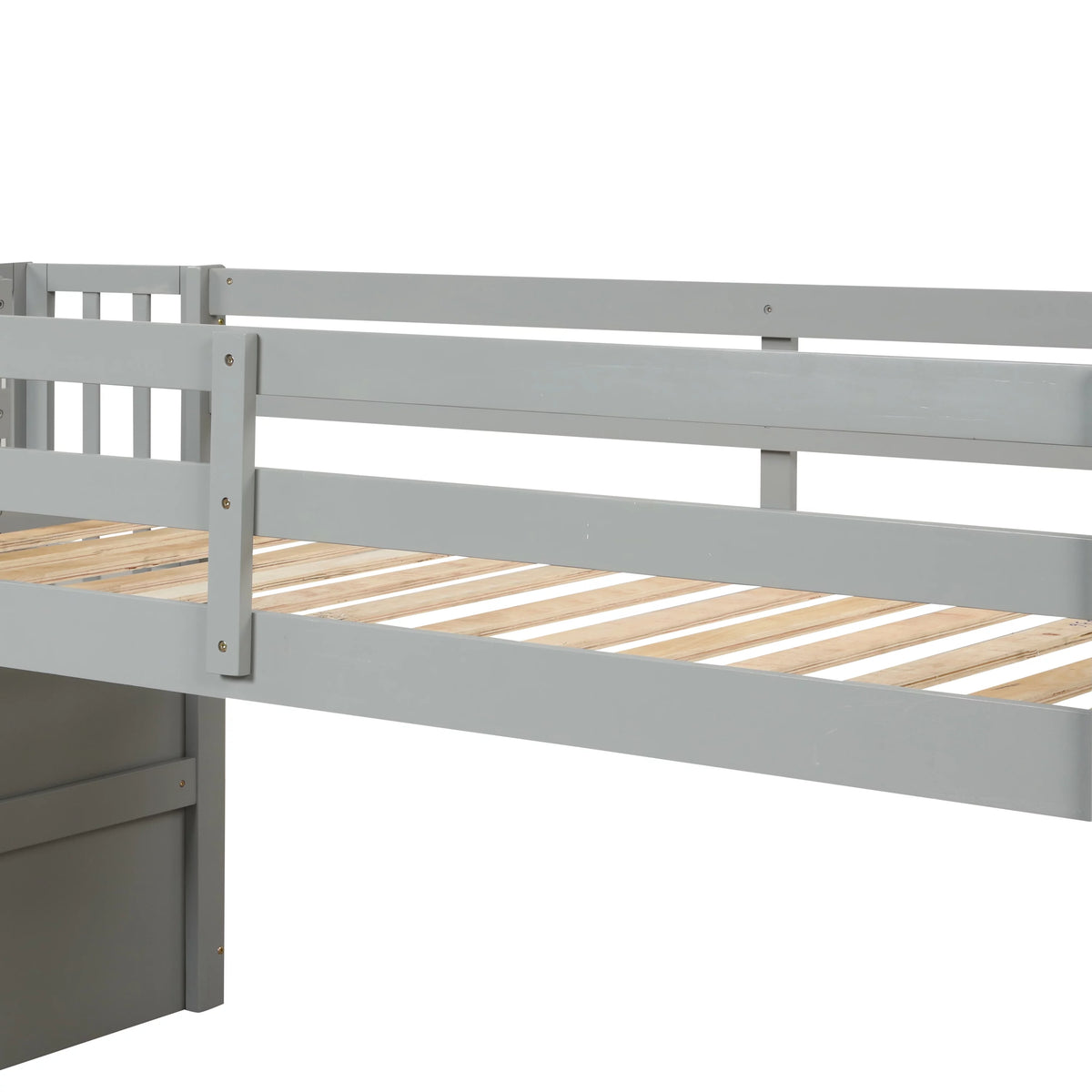 Gray Wood Low Loft Bed Frame with Storage and Stairs U876382