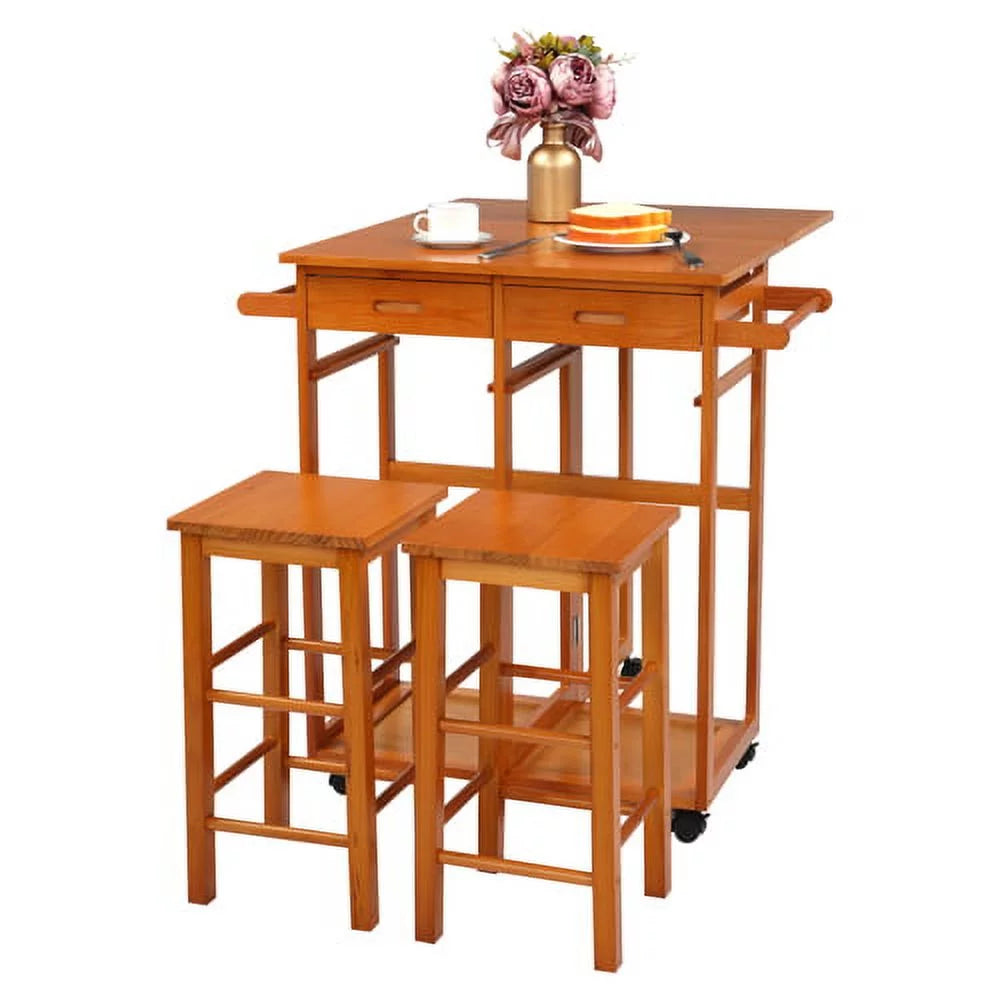 Solid Wood Foldable Kitchen Island with Stools Q848113