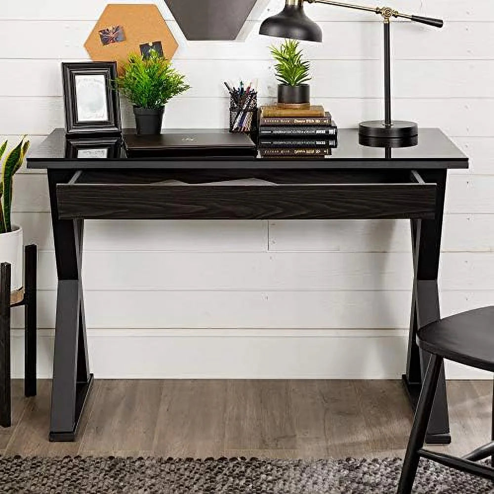 Black 48 Inch Glass Top Computer Desk D6027