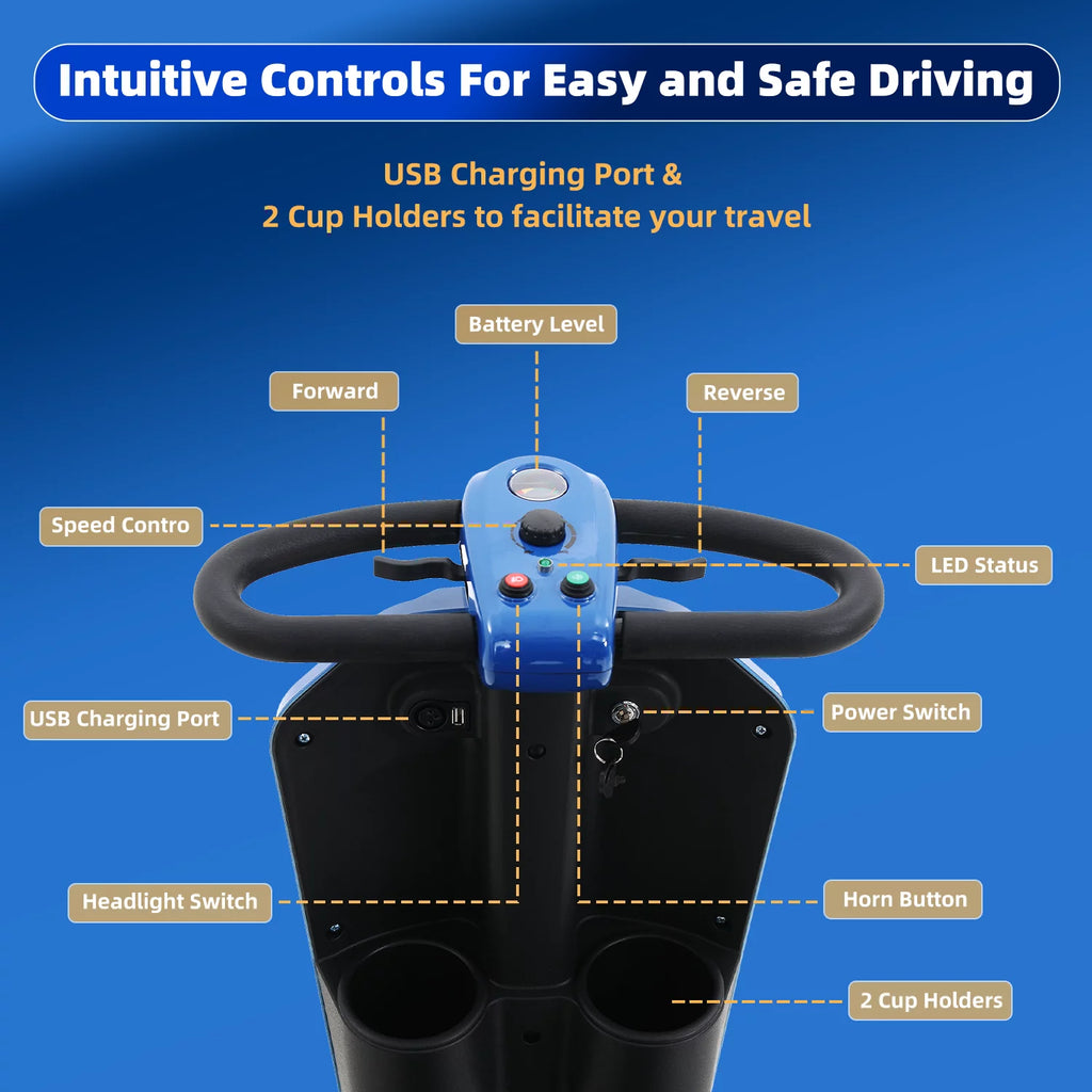 Blue 4 Wheels Folding Mobility Scooter with USB Charging Port V7625