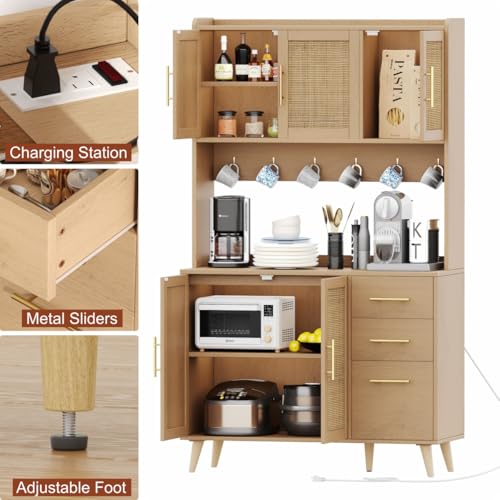 70.9" Rattan Kitchen Pantry Cabinet with Microwave Shelf P315