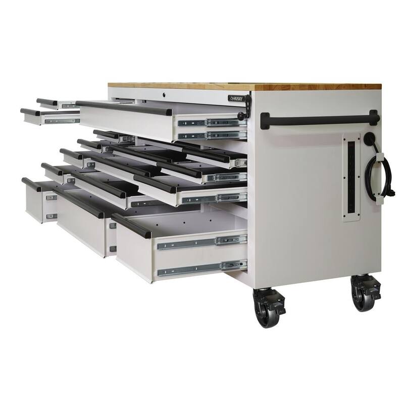 72 in. Heavy Duty Matte White Mobile Workbench Cabinet with Wood Top E5438