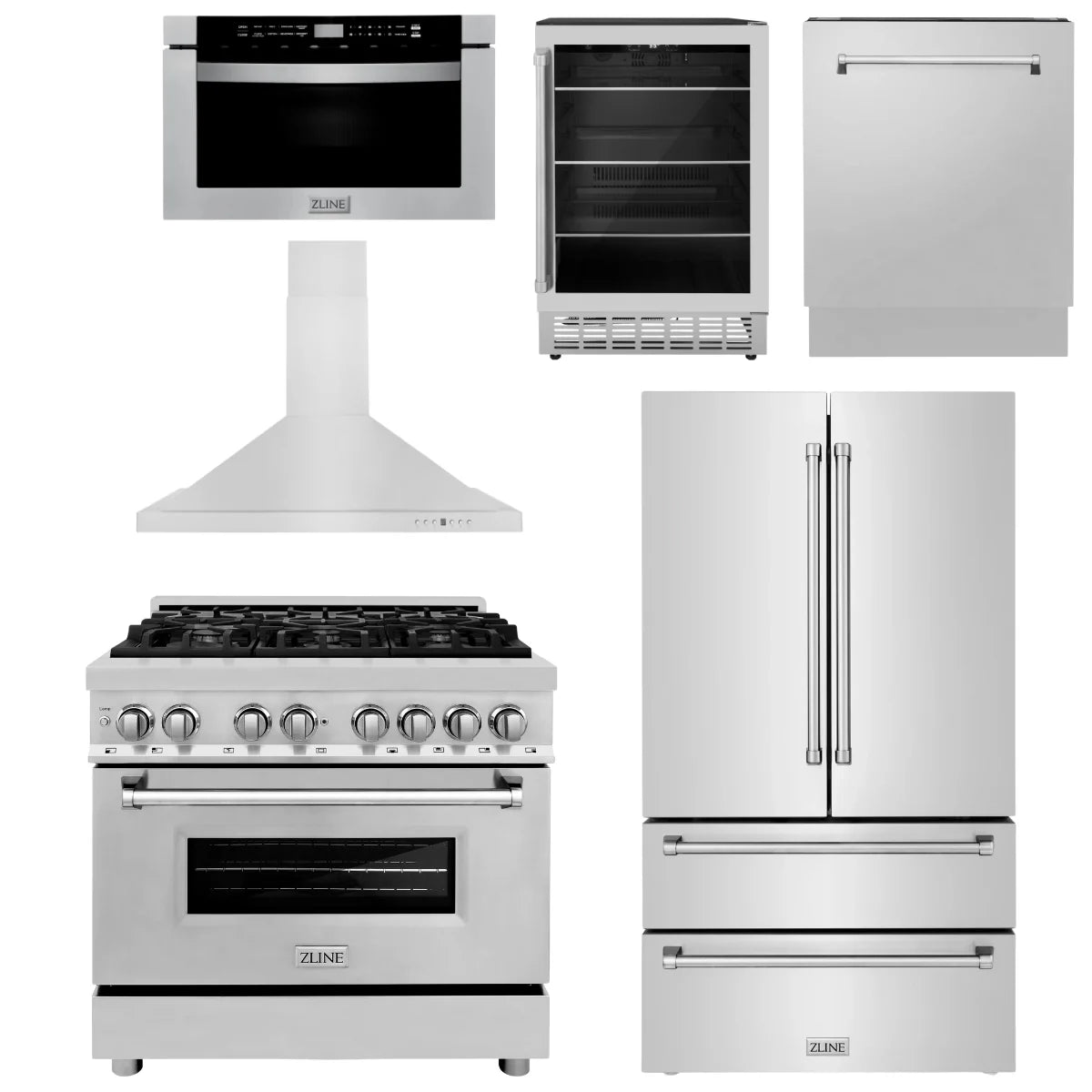 36 Dual Fuel Range, Range Hood, Refrigerator, Microwave Drawer, Dishwasher and Beverage Fridge J544