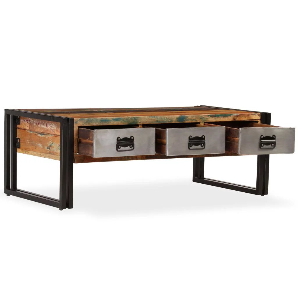 Coffee Table with 3 Storage Drawers Reclaimed Wood Steel Legs O329