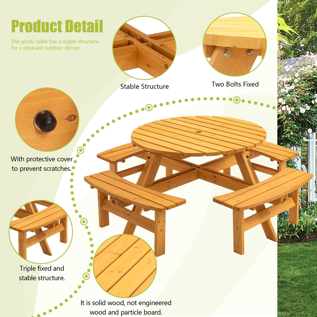 8-Person Wooden Picnic Table with 4 Built-in Benches Z36038