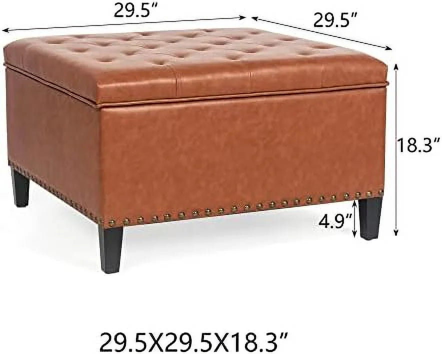 Orange Upholstered Tufted Ottoman Bench with Wood Legs P6068