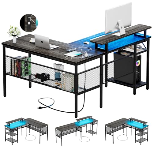 Black Oak L Shaped Computer Desk with Power Outlets and LED Light A704325