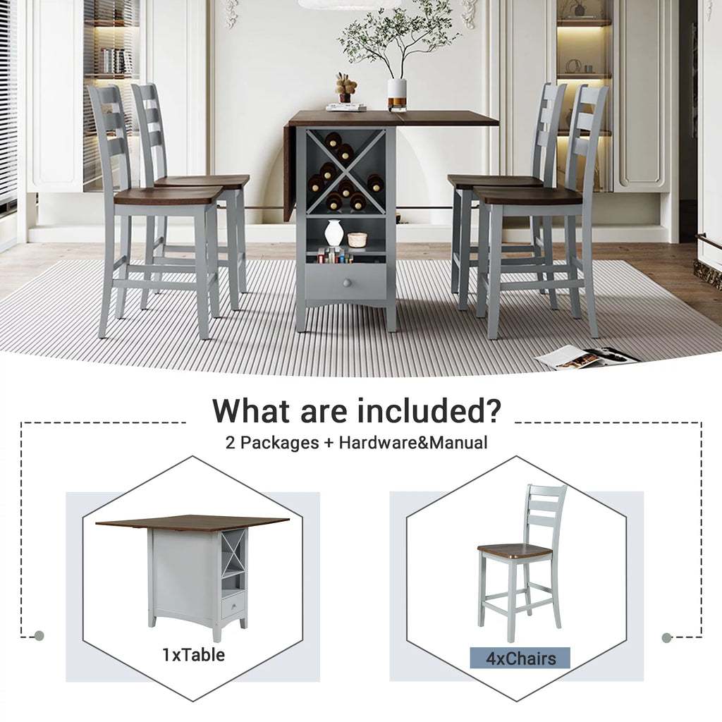 Farmhouse Wood 5-Piece Counter Height Dining Table Set with Drop Leaf F88777