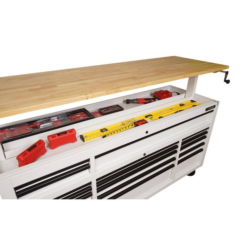 72 in. Heavy Duty Matte White Mobile Workbench Cabinet with Wood Top E5438
