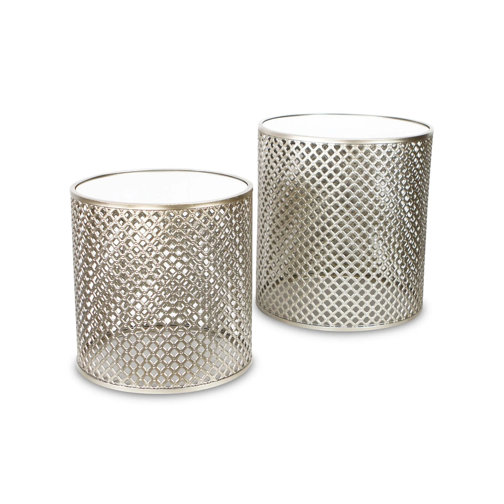 Set of 2 Gold Tone Metal Nesting Tables with Round Top Mirrors B490992