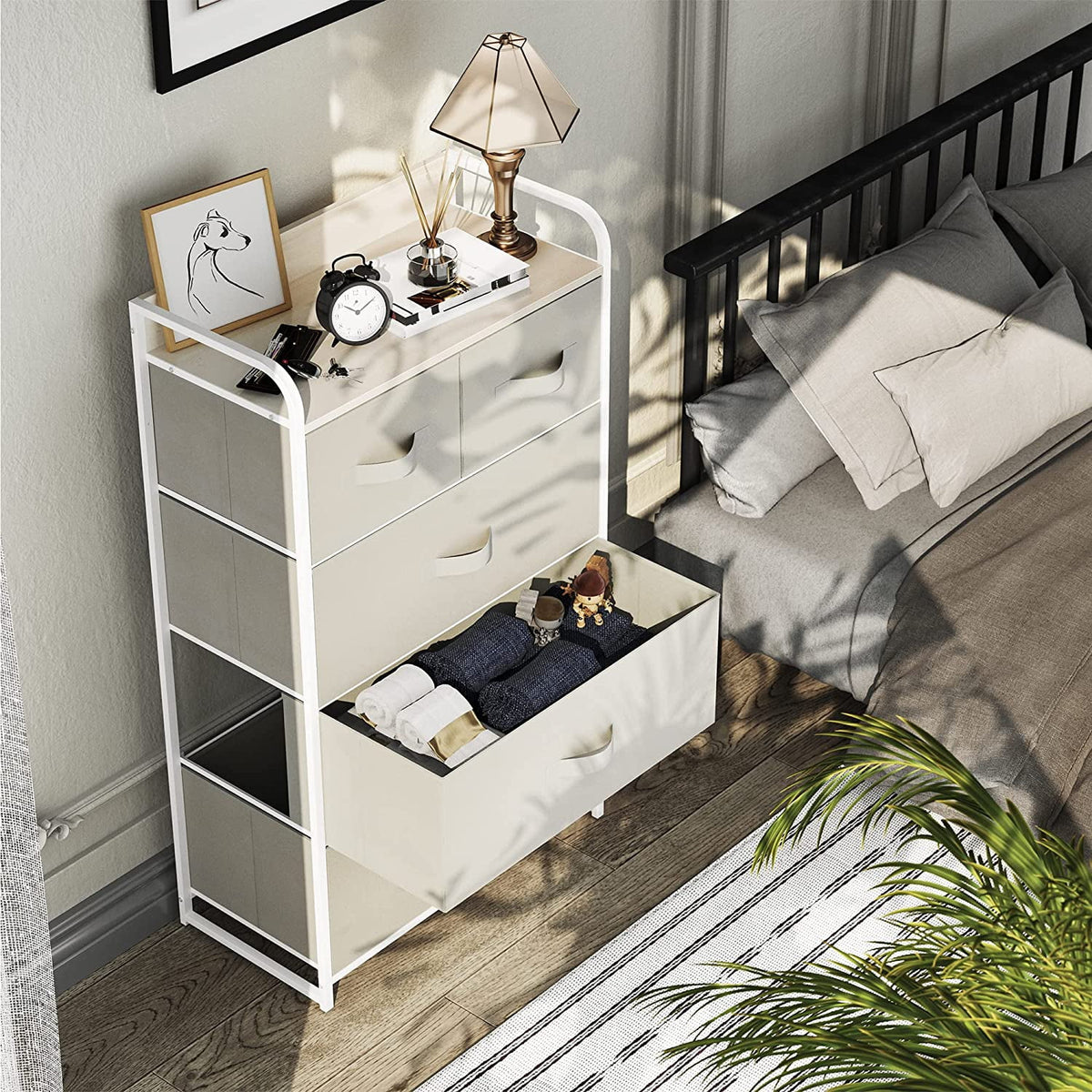 Cream White 5 Drawer Fabric Dresser F4579