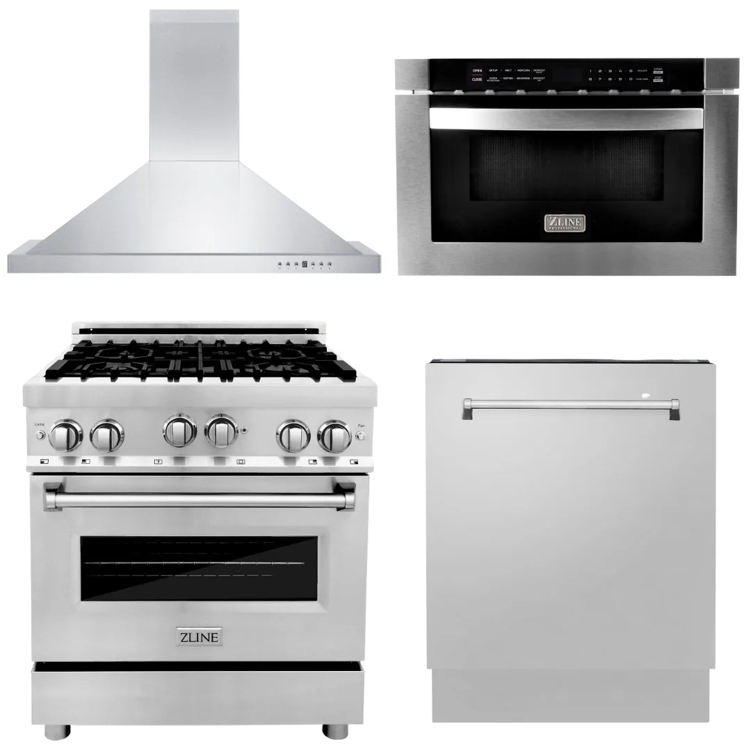 30 in. Gas Range, Range Hood, Microwave Drawer, Dishwasher P378900