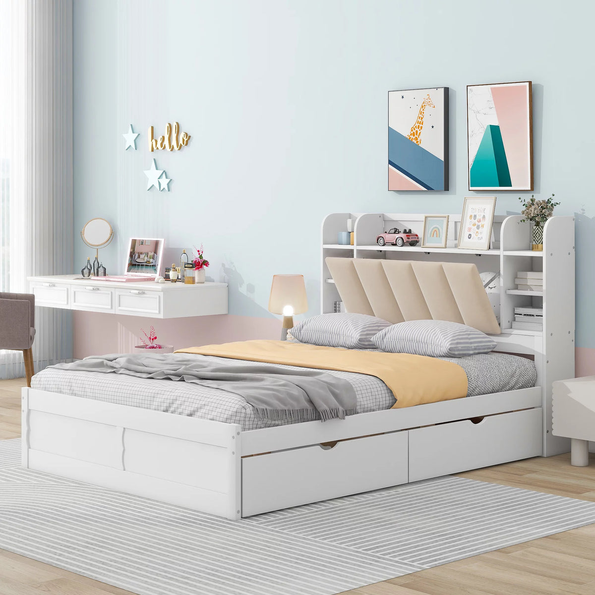 White Wood Queen Size Platform Bed with Storage Headboard and Four Drawers O70430