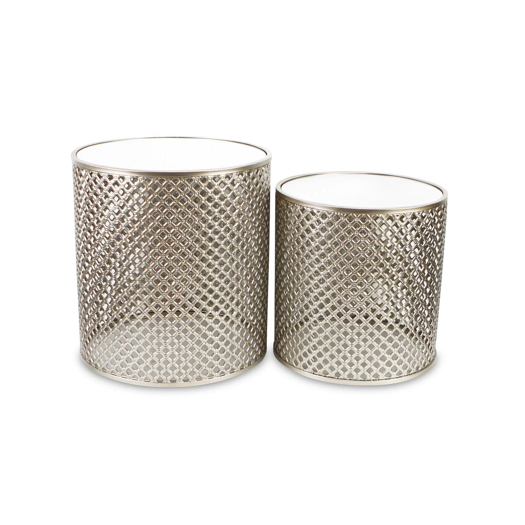 Set of 2 Gold Tone Metal Nesting Tables with Round Top Mirrors B490992