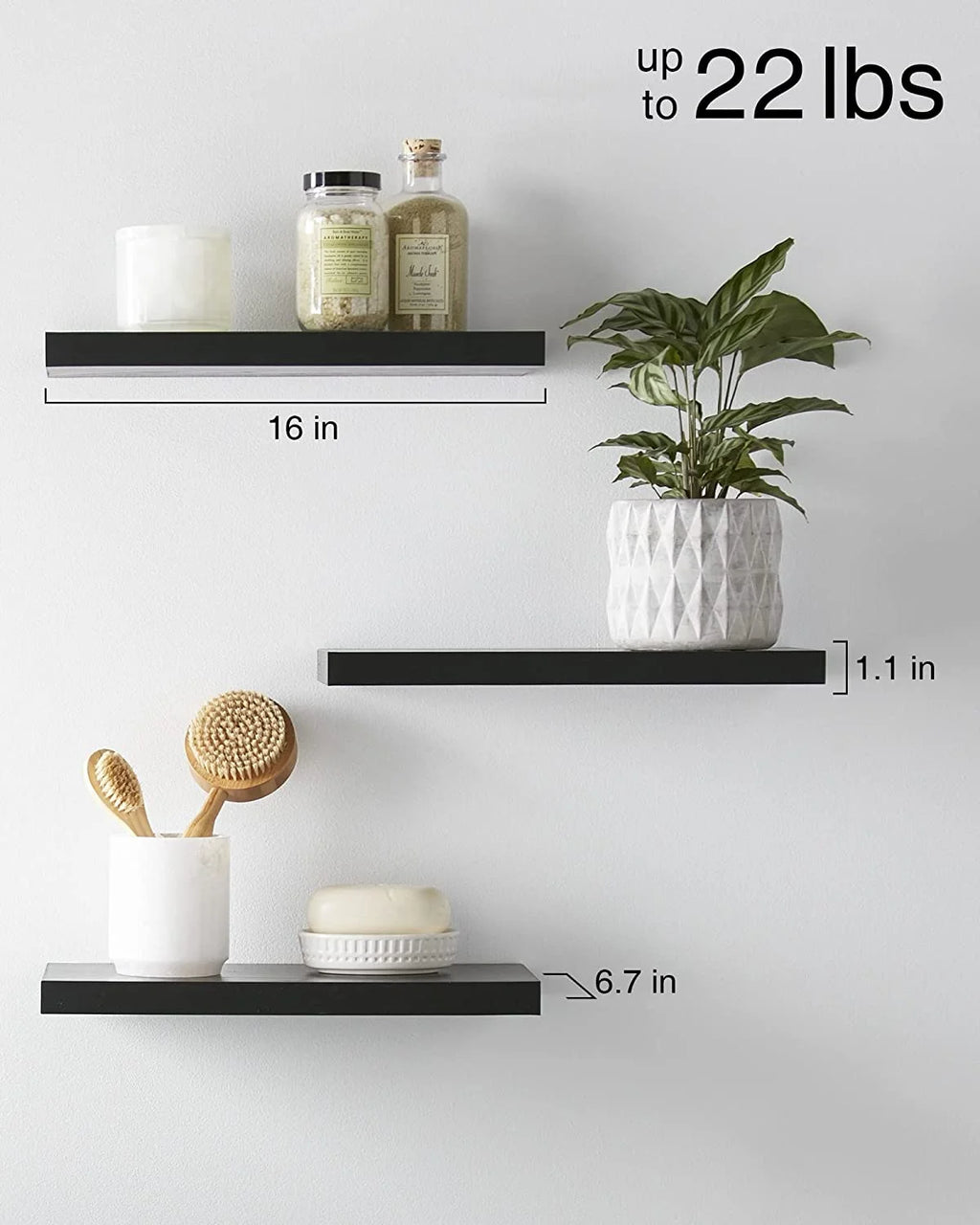 16 inch Black Wood Floating Shelves Set of 3 A41966