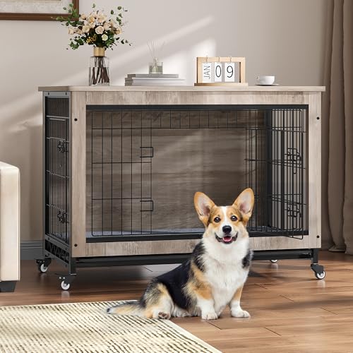 Gray Dog Crate Furniture with Cushion and Wheels B5595