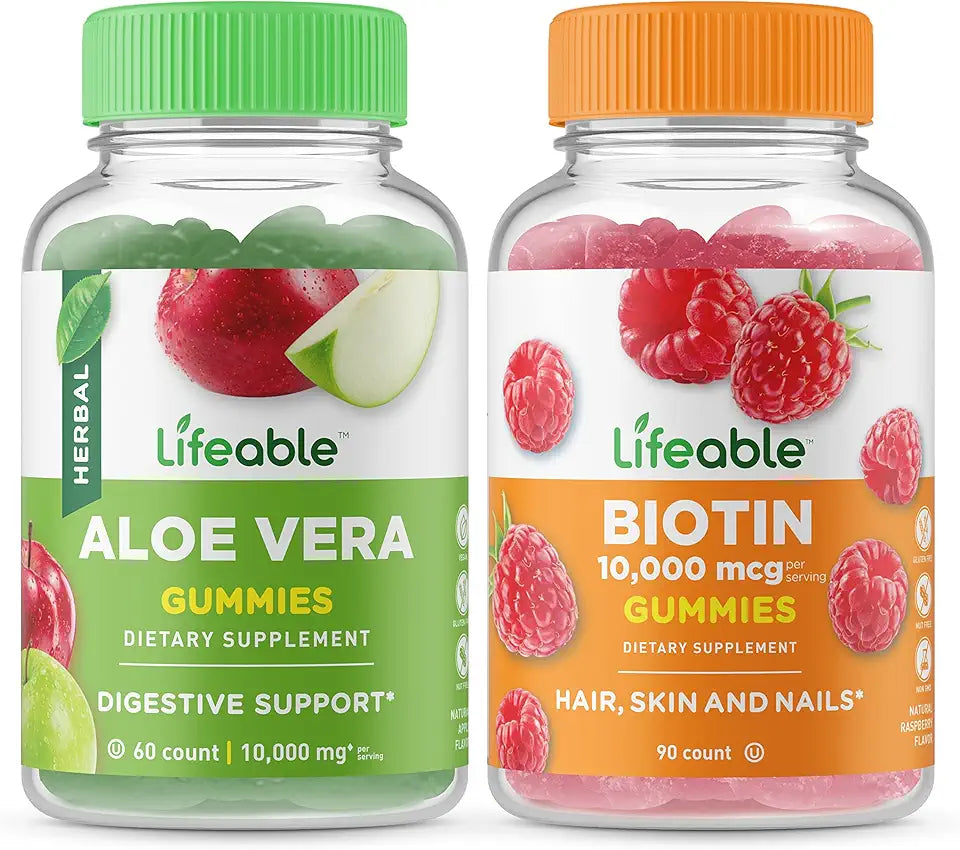 Aloe Vera + Biotin Gummies Bundle Gluten Free Chewable Vitamin Supplement S25983
