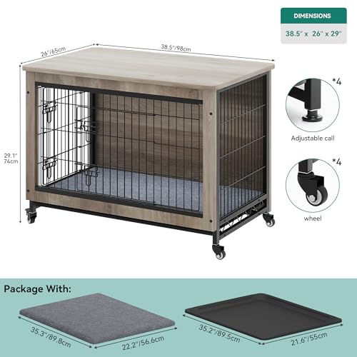Gray Dog Crate Furniture with Cushion and Wheels B5595
