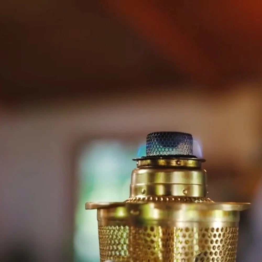 Brass Table Oil Lamp with Blue Shade C54597