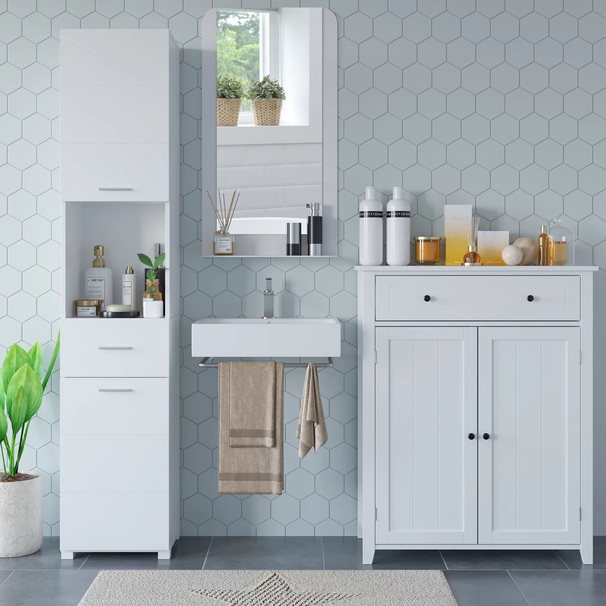 White Wood Cabinet with Doors and Shelves A774035