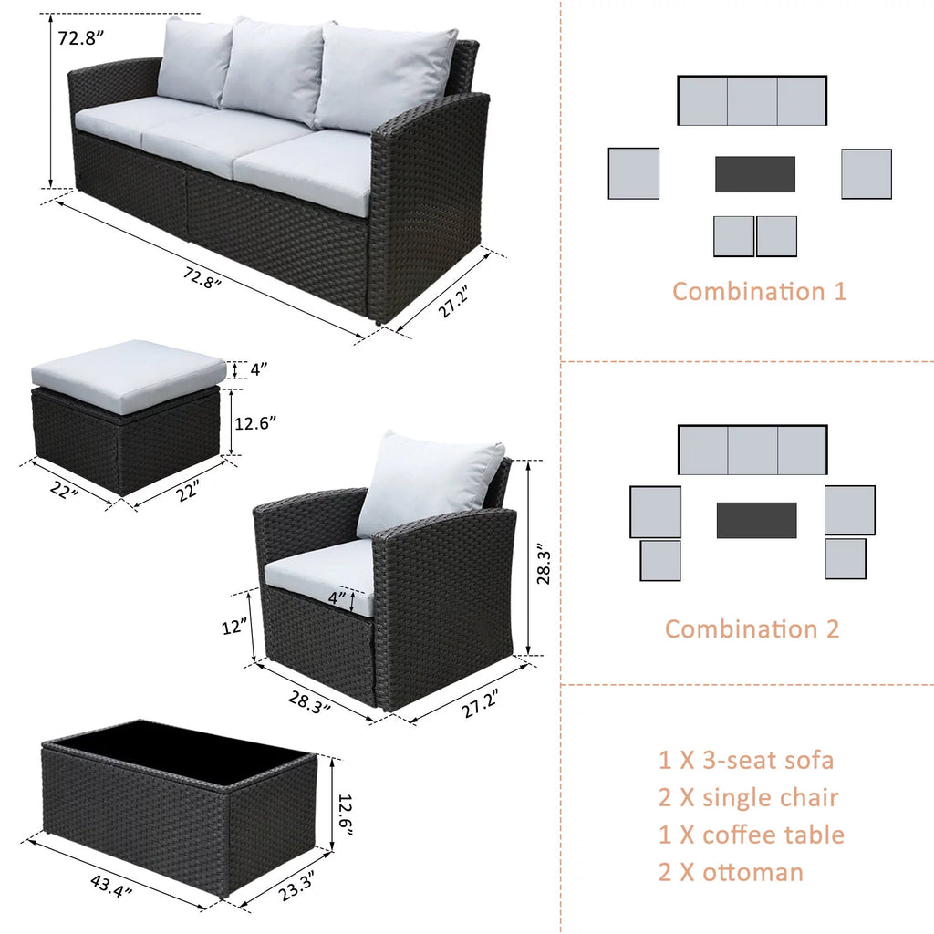 8 Pcs Wicker Patio Furniture Set with Coffee Table and Ottomans O922975