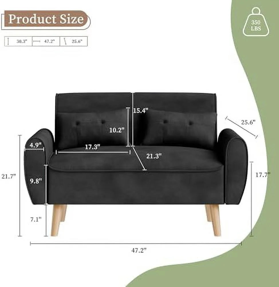 47" Linen Fabric Tufted Loveseat Sofa with Wood Legs S858