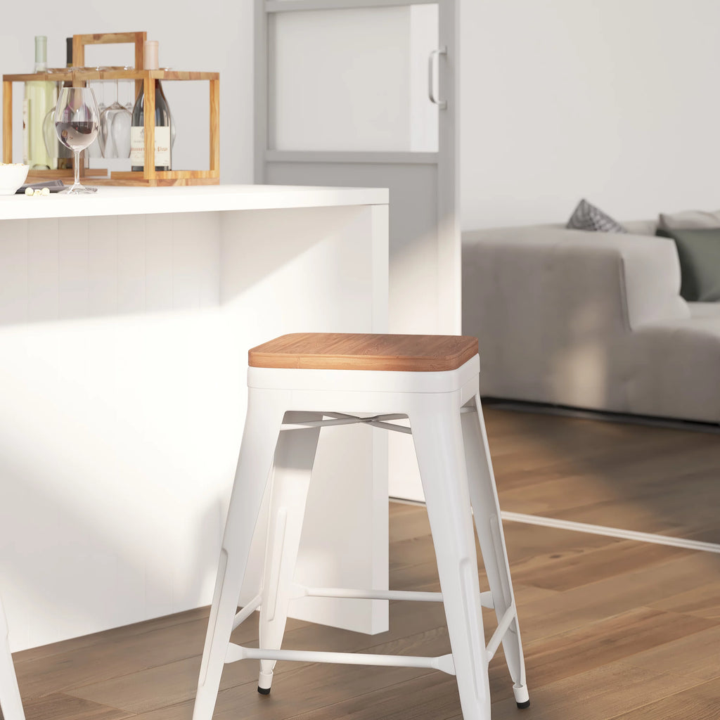 White Metal Counter Height Dining Stool with Wooden Seat K76150