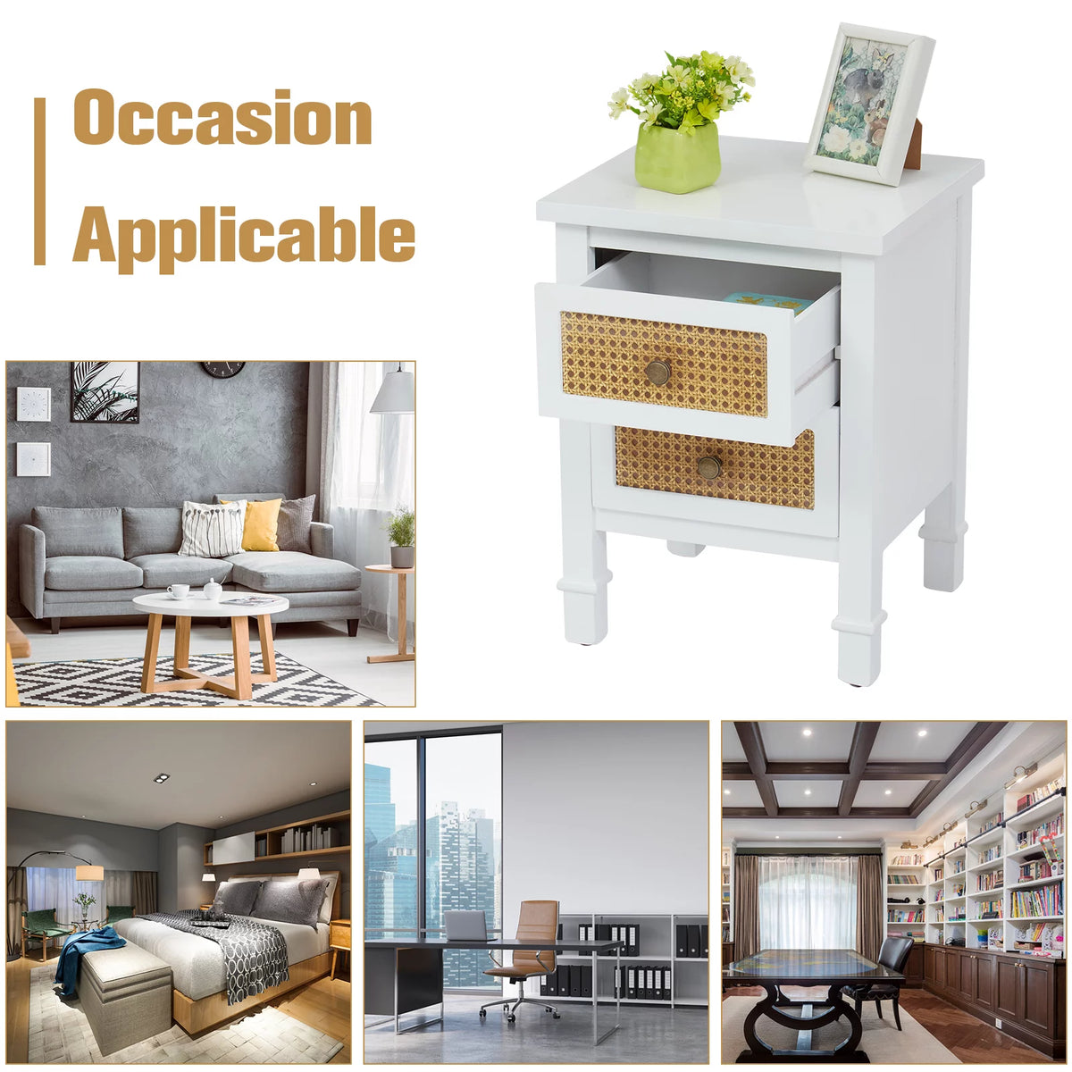 White 2 Drawer Rattan Nightstand B778