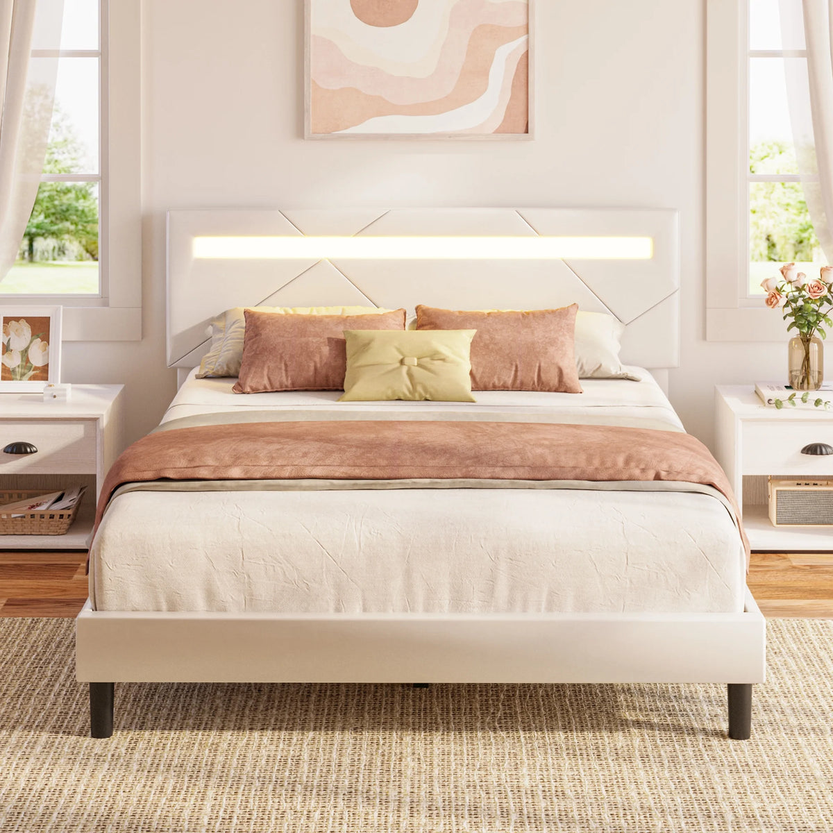 Twin Bed Frame with LED Lights and Adjustable Upholstered Headboard G57239