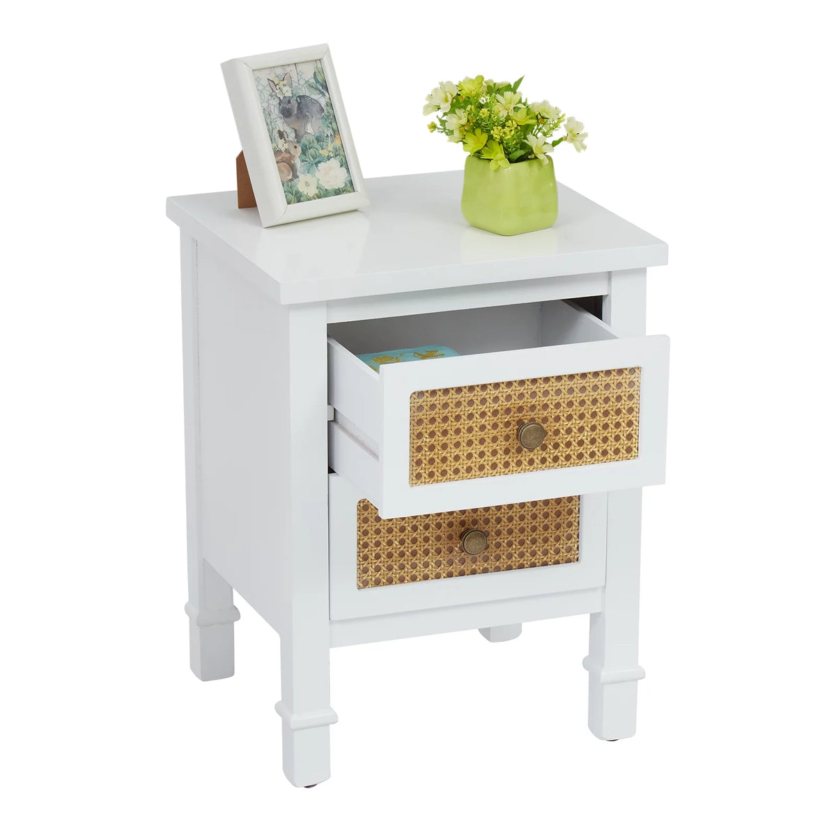 White 2 Drawer Rattan Nightstand B778
