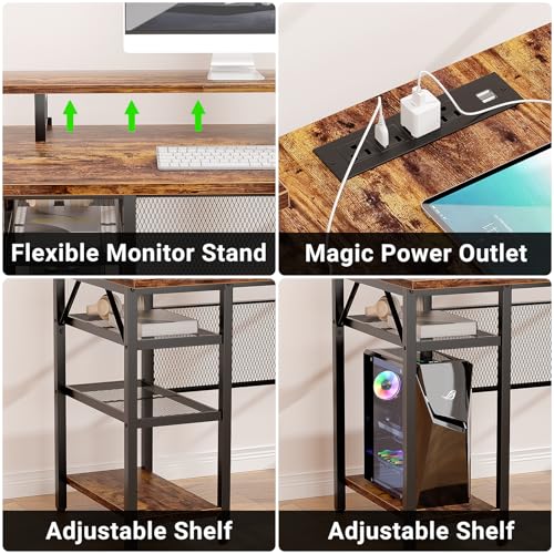 Black Oak L Shaped Computer Desk with Power Outlets and LED Light A704325