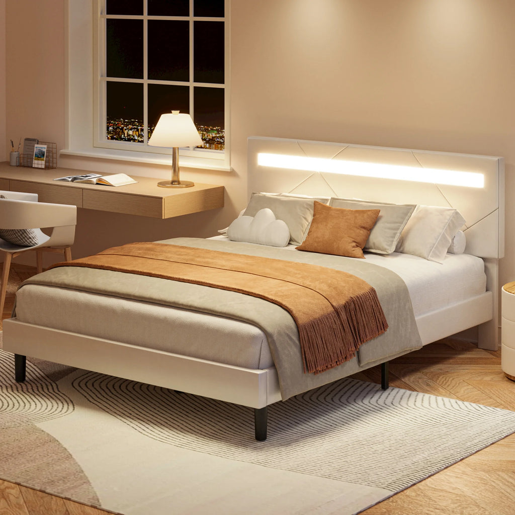 Twin Bed Frame with LED Lights and Adjustable Upholstered Headboard G57239