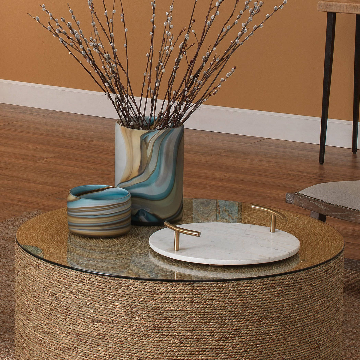 Round White Marble Brass Tray D290