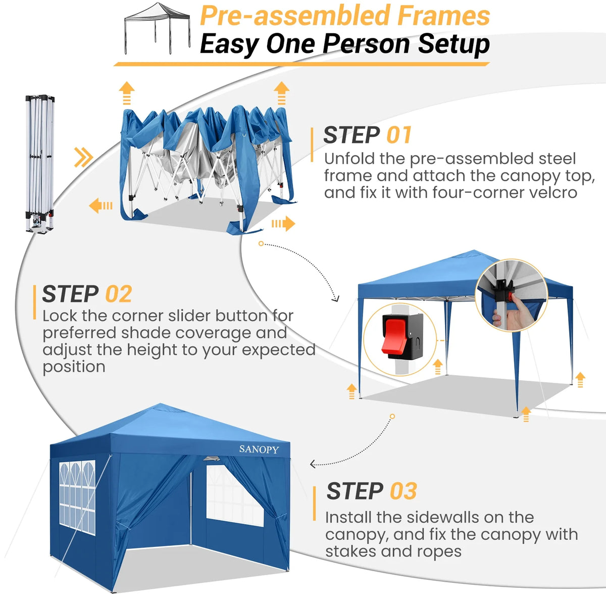 10'x10' Waterproof Pop Up Canopy Tent with 4 Removable Sidewalls & Carrying Bag O388