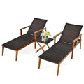 Brown 3-Pieces Wood Frame Rattan Patio Chaise with Folding Table T762