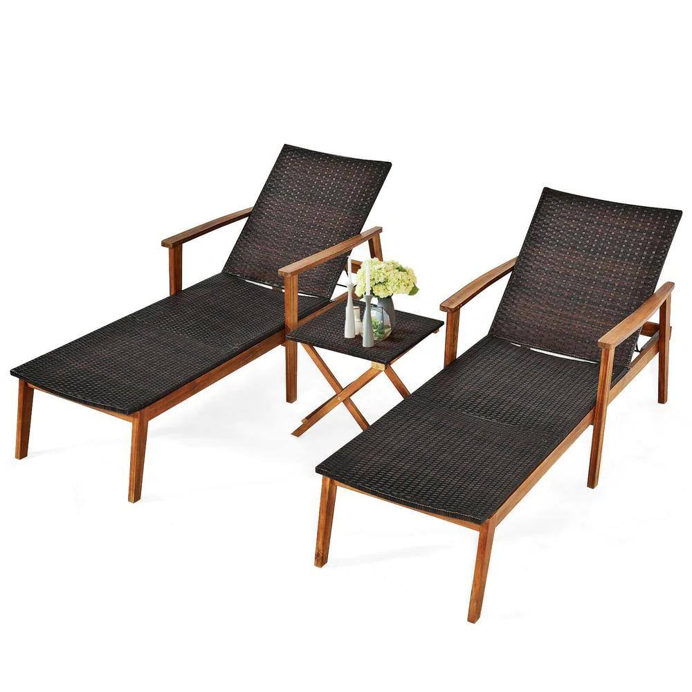 Brown 3-Pieces Wood Frame Rattan Patio Chaise with Folding Table T762