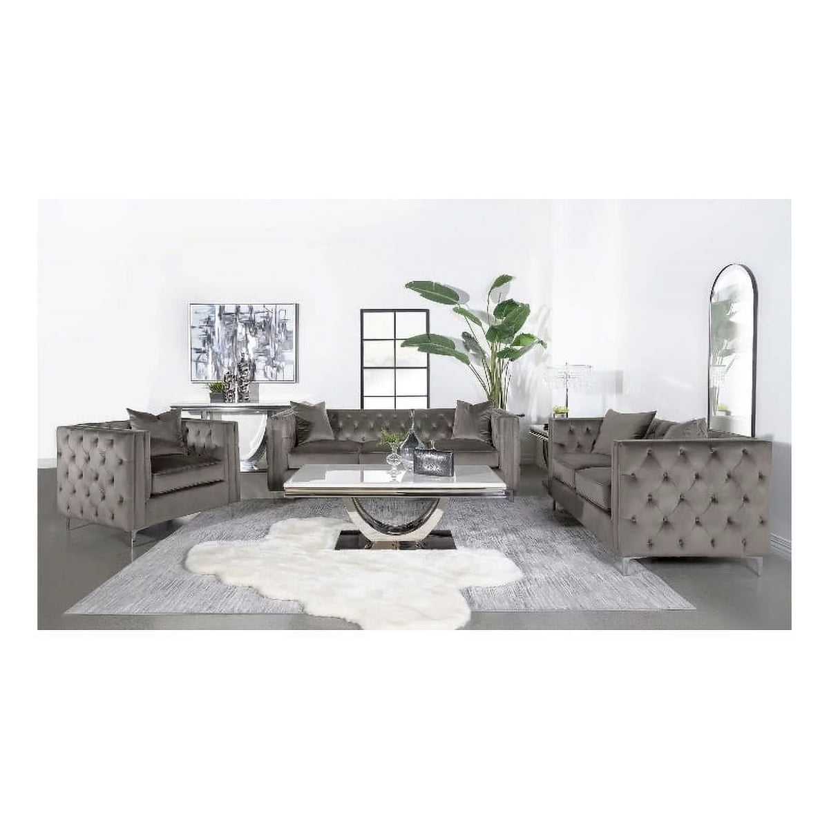 3-piece Velvet Tufted Tuxedo Arms Living Room Set P9635