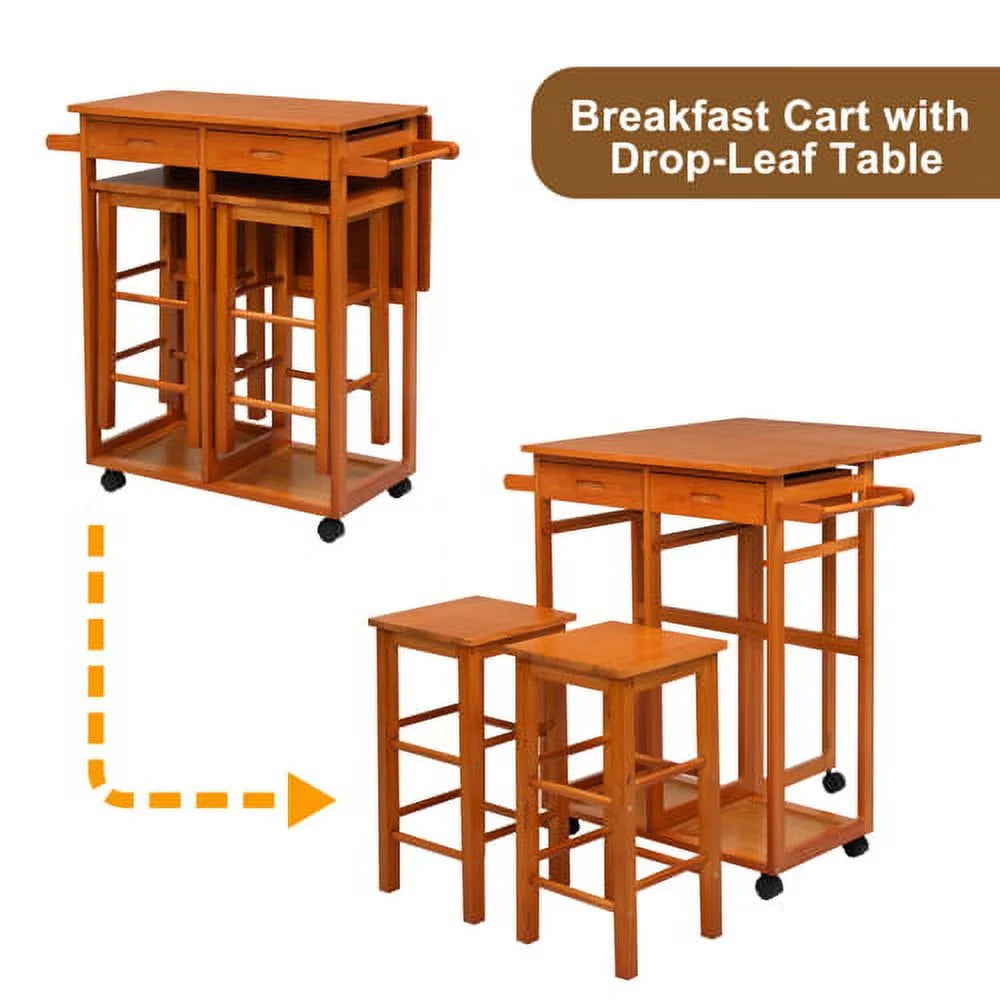 Solid Wood Foldable Kitchen Island with Stools Q848113