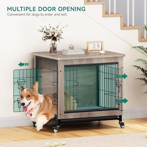 Gray Dog Crate Furniture with Cushion and Wheels B5595