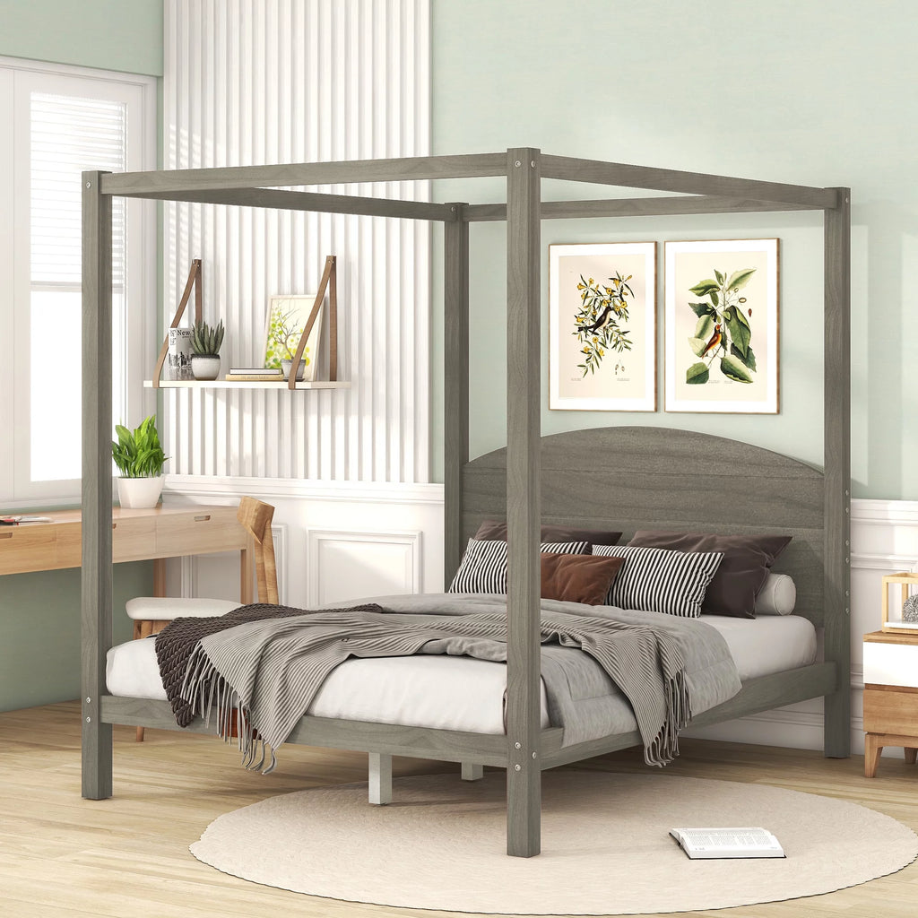 Wood Queen Size Canopy Bed with Headboard T50108