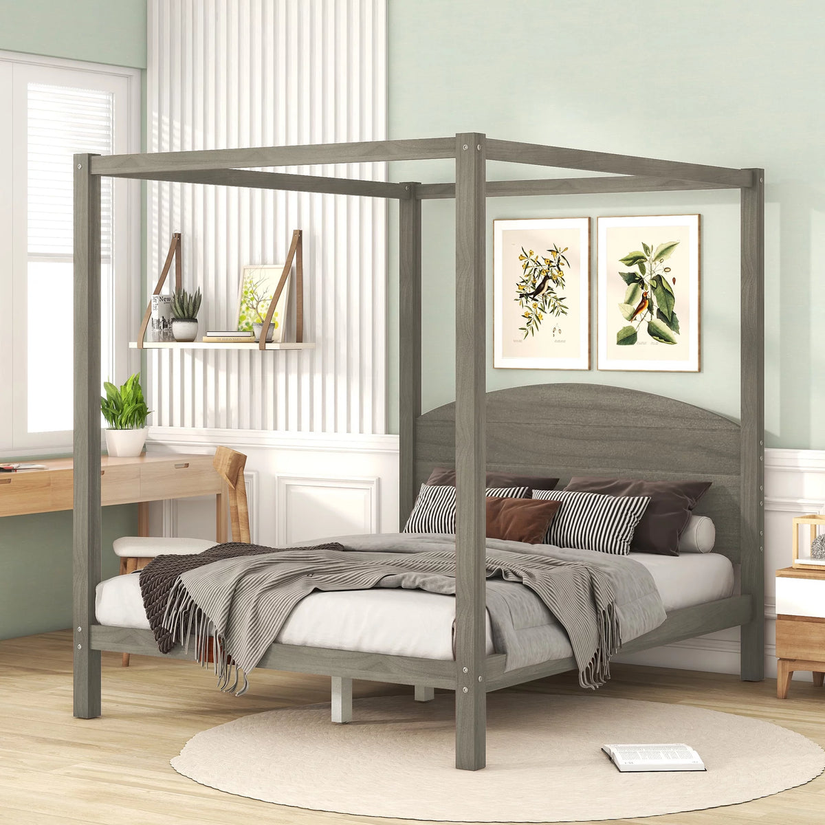 Wood Queen Size Canopy Bed with Headboard T50108